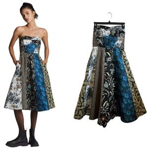 NWOT Anthropologie Floral Patchwork Sweetheart Strapless A Line Midi Dress SZ 6